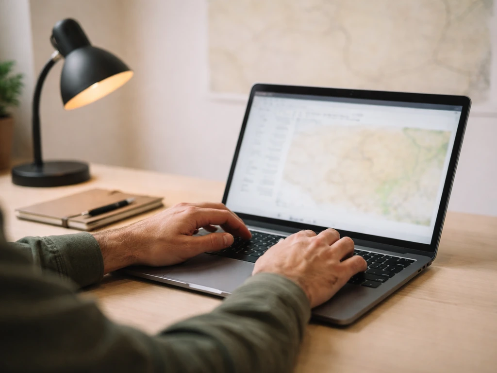 Close-up of a person’s hands entering data on a laptop while a blurred desk map suggests Arizona wildlife monitoring.