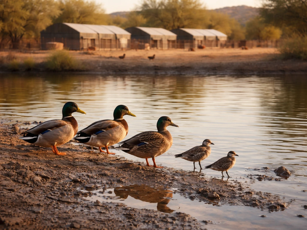 Wild waterfowl by a desert pond with nearby out-of-focus poultry housing and chickens.