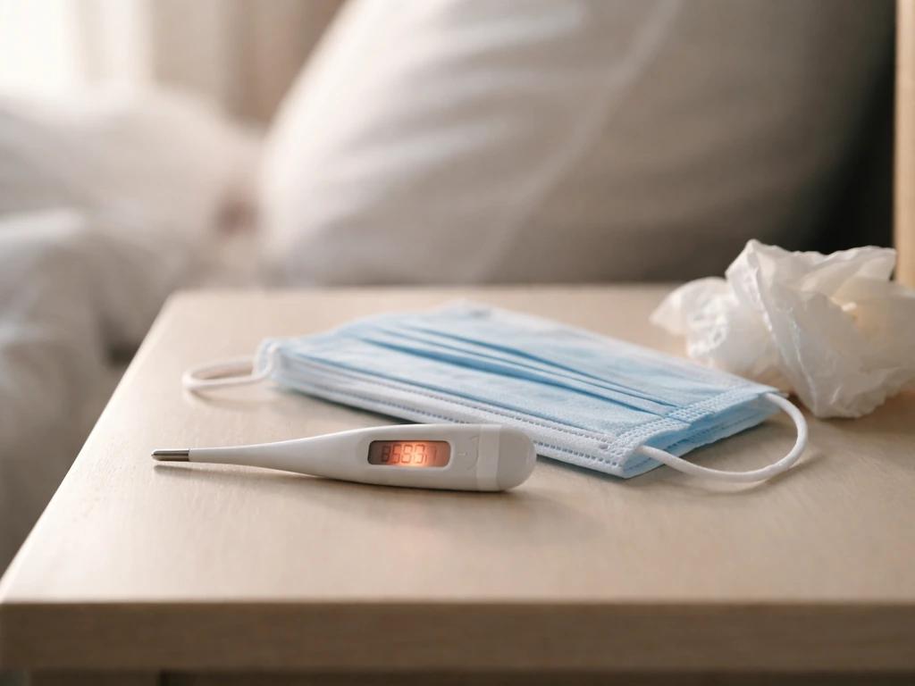 Close-up of an at-home thermometer and a disposable mask beside a tissue, suggesting flu-like symptoms and urgent care.