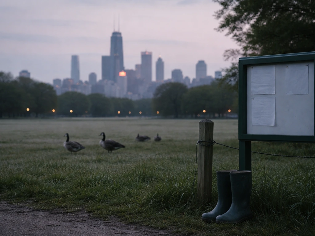 Minimal scene showing wild birds near a distant Chicago skyline, with a small health notice board and surveillance vibe.