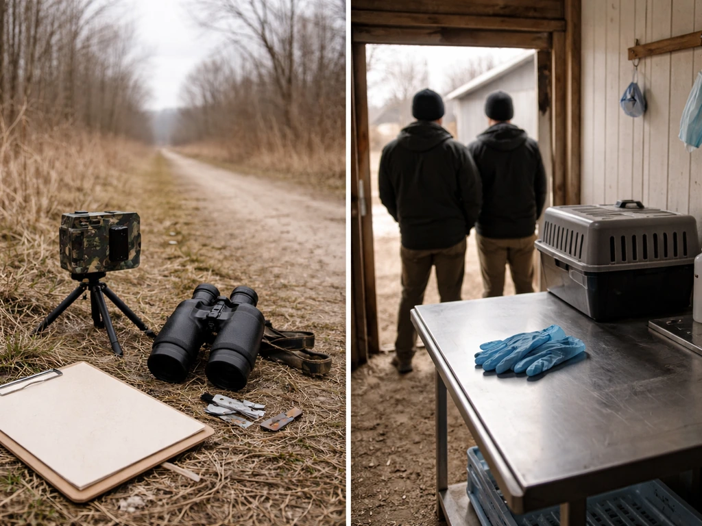 Split view showing Illinois wild bird monitoring and a nearby poultry inspection setting with officials’ backs