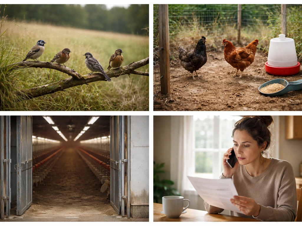 Four simple scenes: wild birds, backyard flock, poultry farm gate, and a person on a phone call