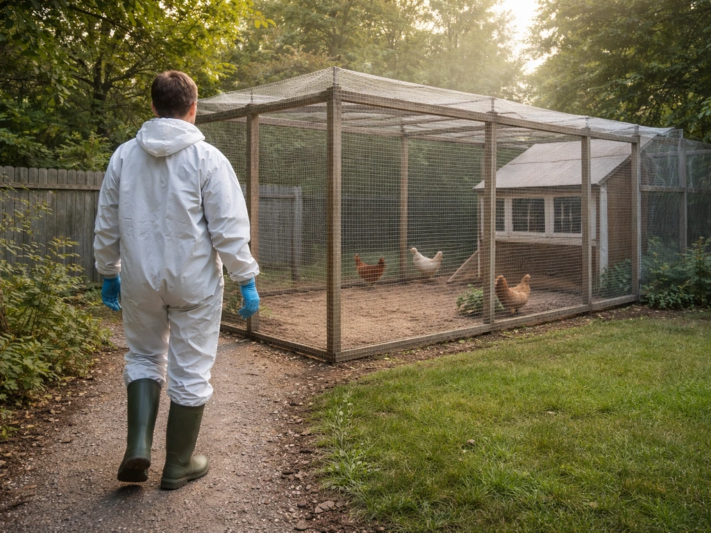 Anonymous keeper in boots and gloves approaches a covered, netted chicken coop to block wild birds.