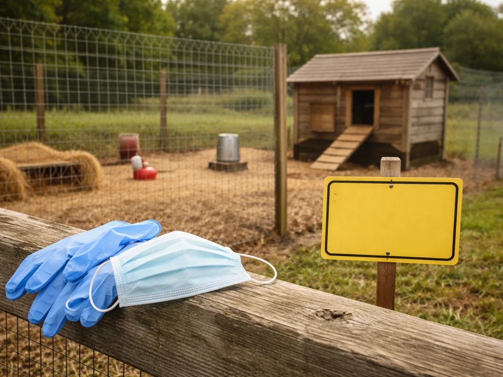 Backyard poultry area in Ohio with protective gloves and a caution-style notice near a chicken run