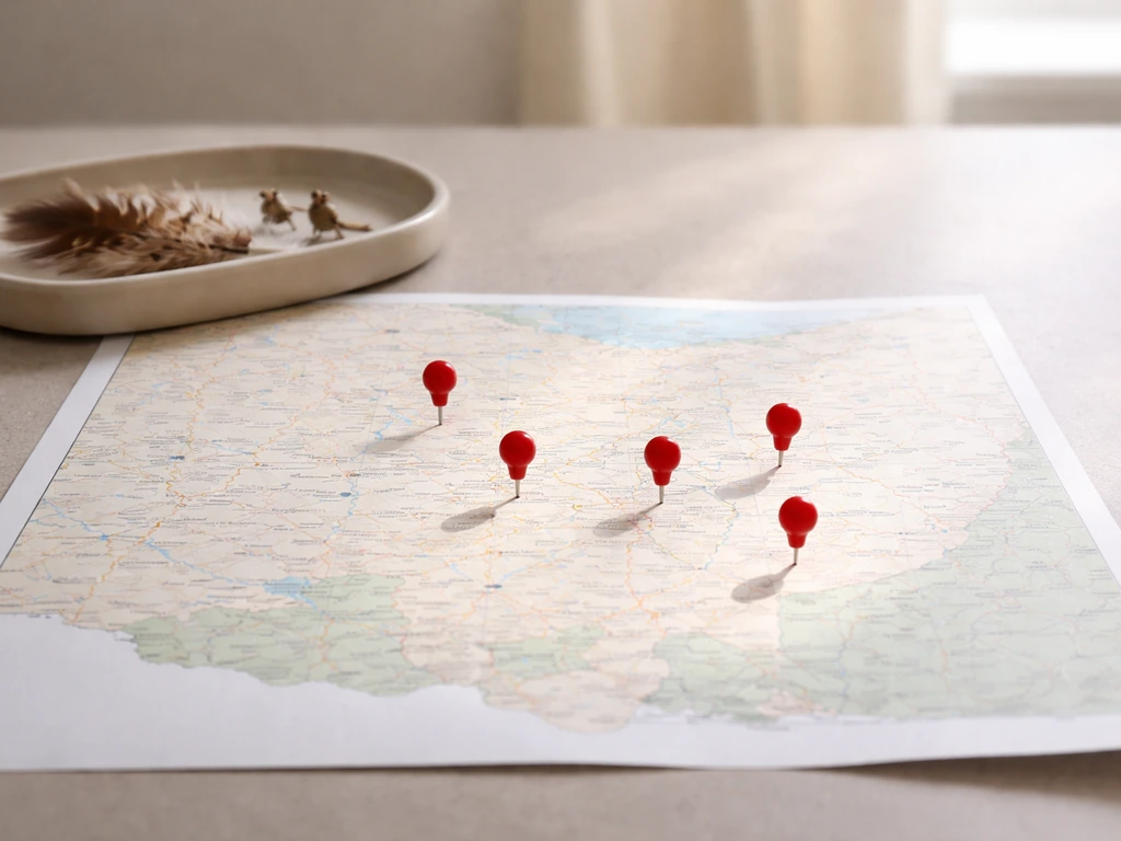 Minimal tabletop scene with an unmarked Ohio map and a few red pins suggesting bird flu locations by area.