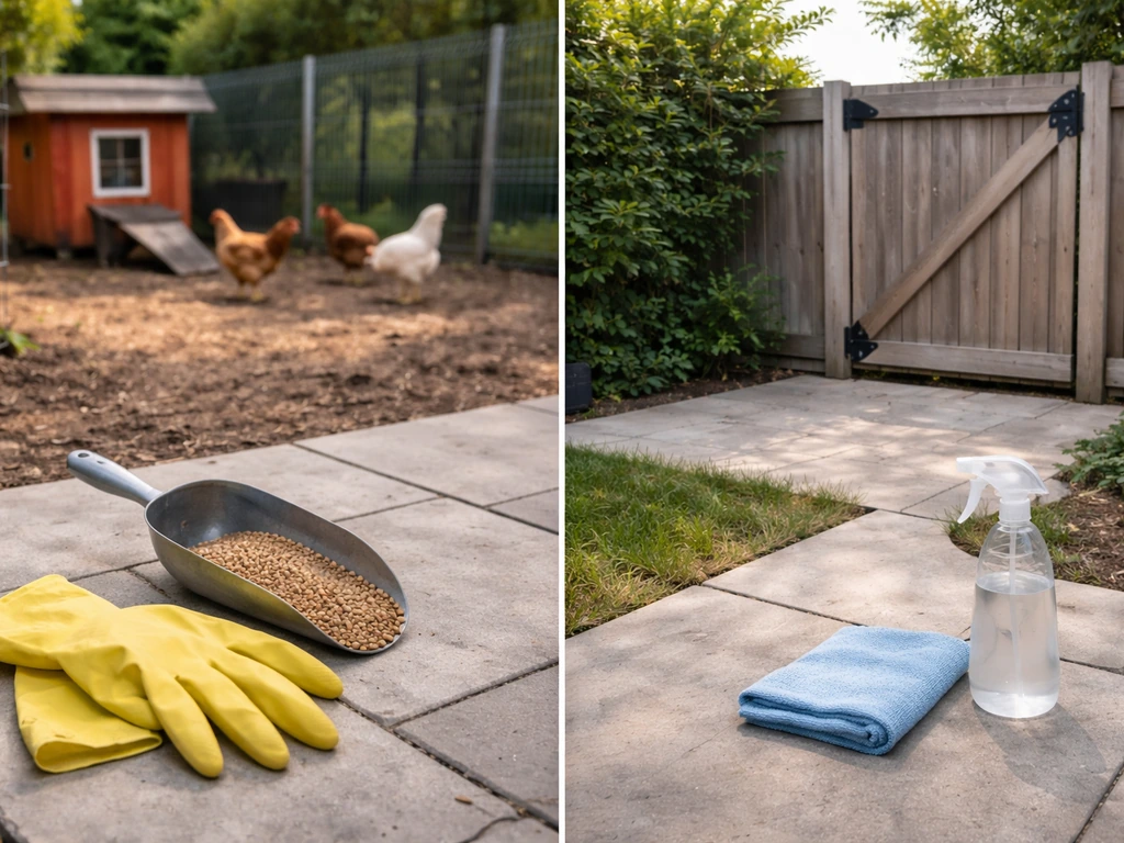 Split view of a backyard with chickens and gloves versus a clean yard with no birds present