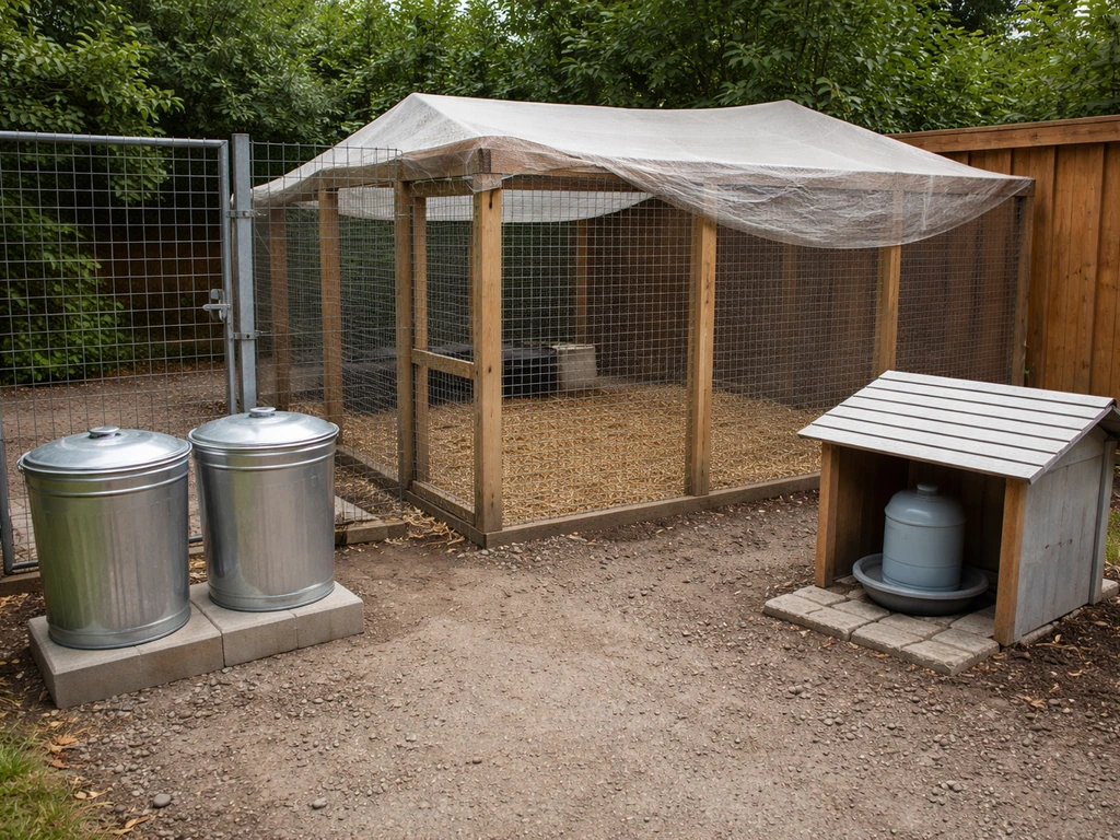 Backyard farm prevention setup with netted poultry run and sealed feed/water to block wild birds