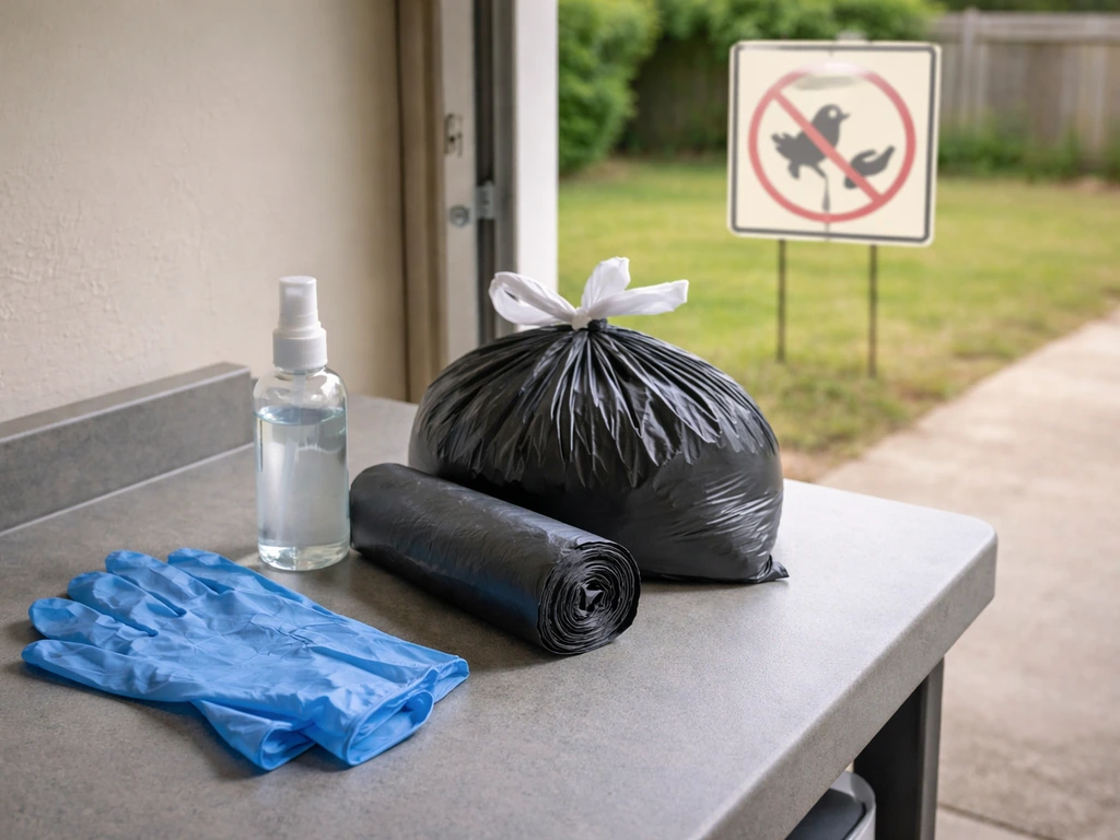 Minimal garage safety setup with gloves, disinfectant, sealed trash bag, and a backyard bird-avoid sign.