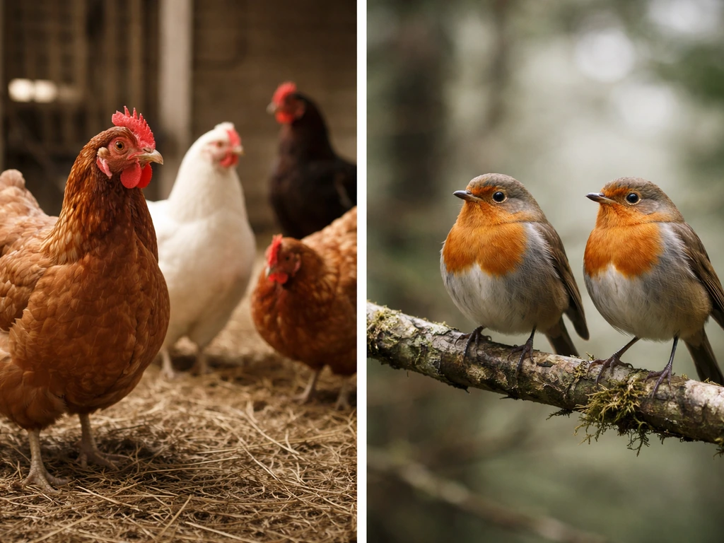 Split-screen style photo showing two simple panels: domestic poultry and wild birds representing Michigan detections.