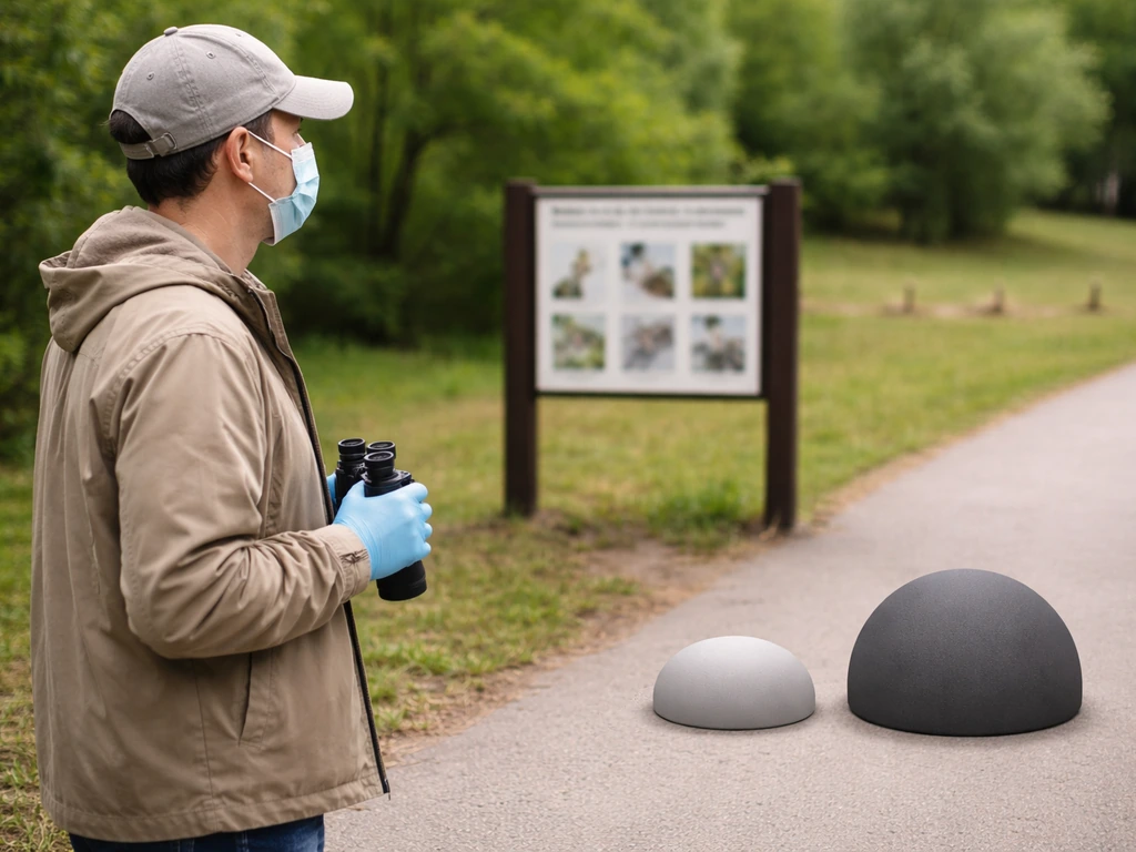 Masked, gloved person keeping distance from a bird-related info board with a subtle risk comparison shape.