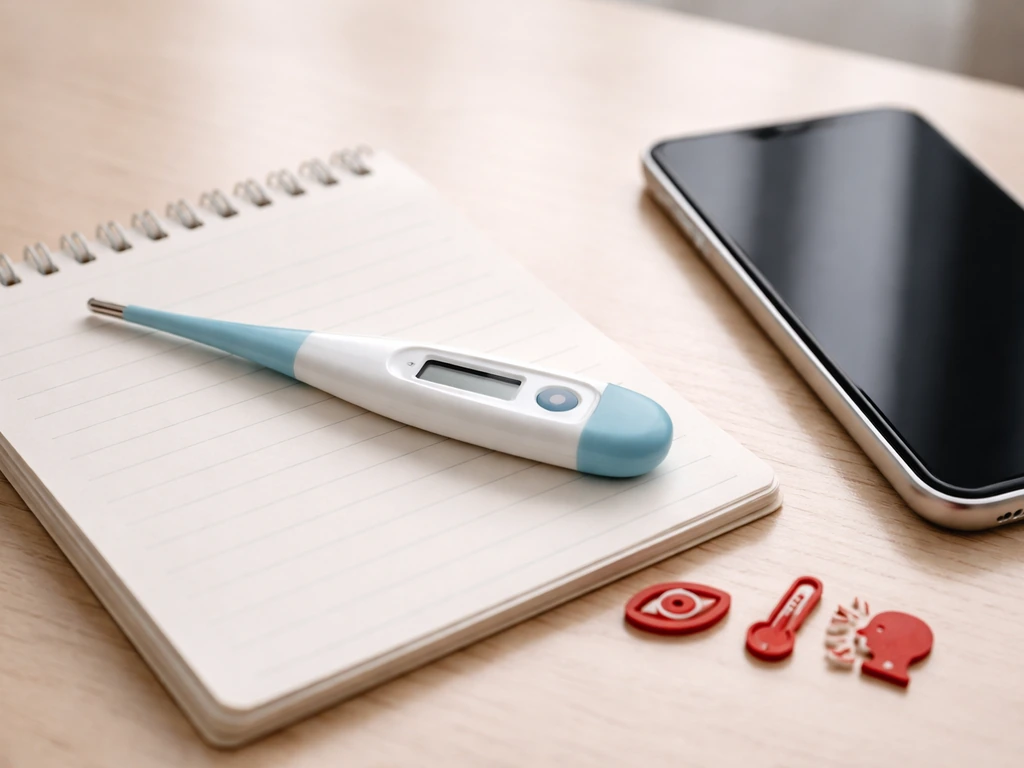 Close-up of a thermometer on a notepad beside a phone, suggesting calling a doctor for symptoms.