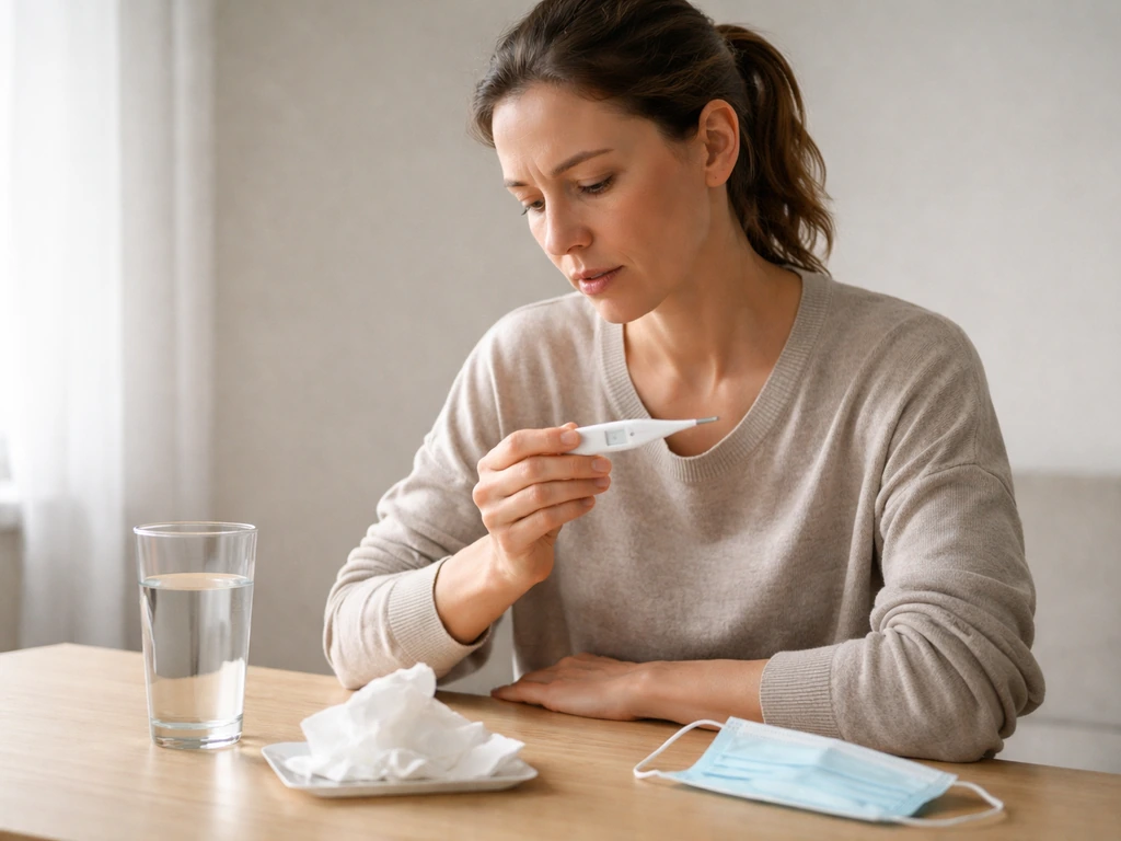 Person at home holding a thermometer with concerned expression, beside tissues and water—clear health-care moment.