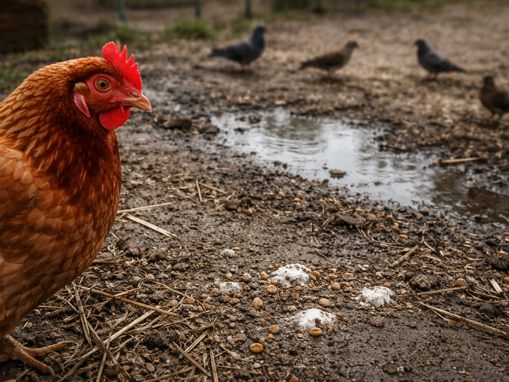 Minimal photo of a simple outdoor bird-feeding area with a glimpse of wild birds near domestic poultry housing.