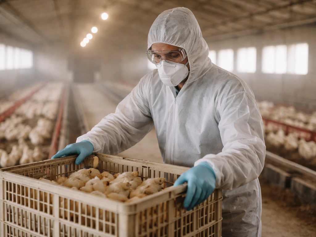Anonymous farm worker in respirator, goggles, gloves, and coveralls handling poultry crate in a barn