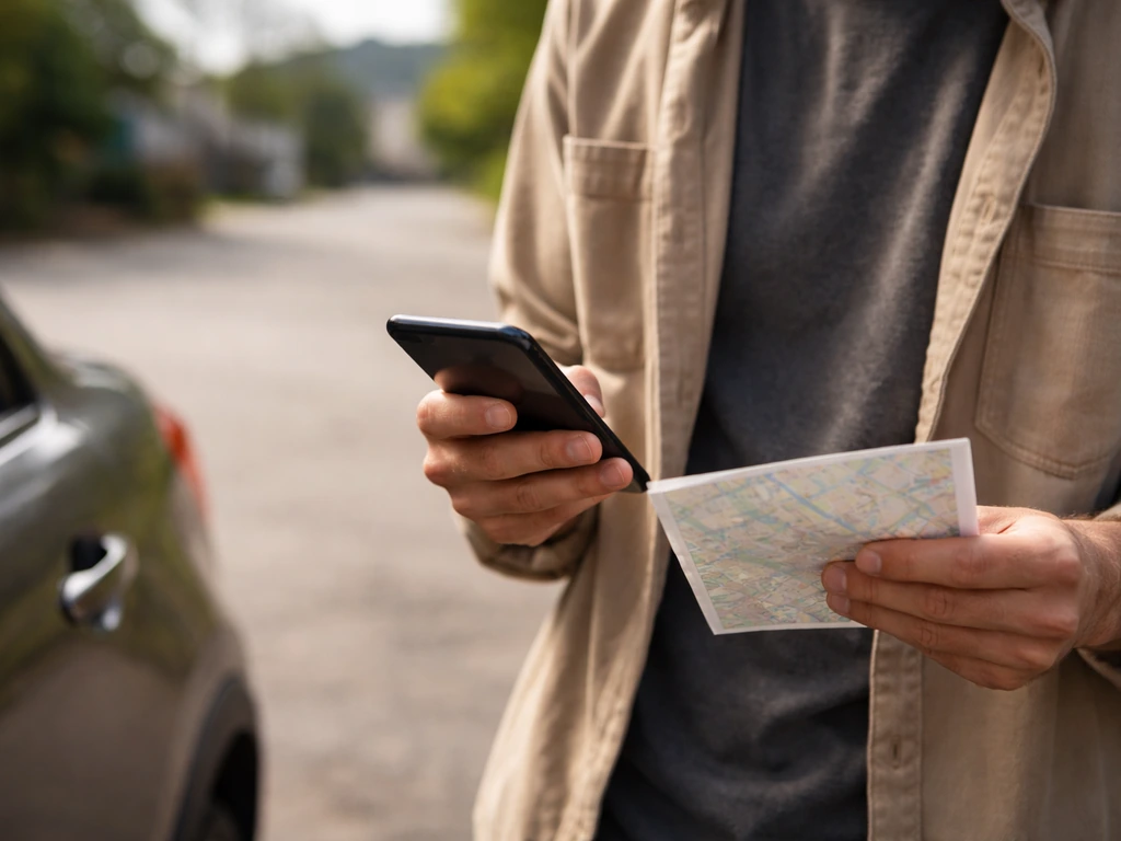 Person holding a phone while looking at an offline map for bird flu alerts, outdoors near a quiet street.