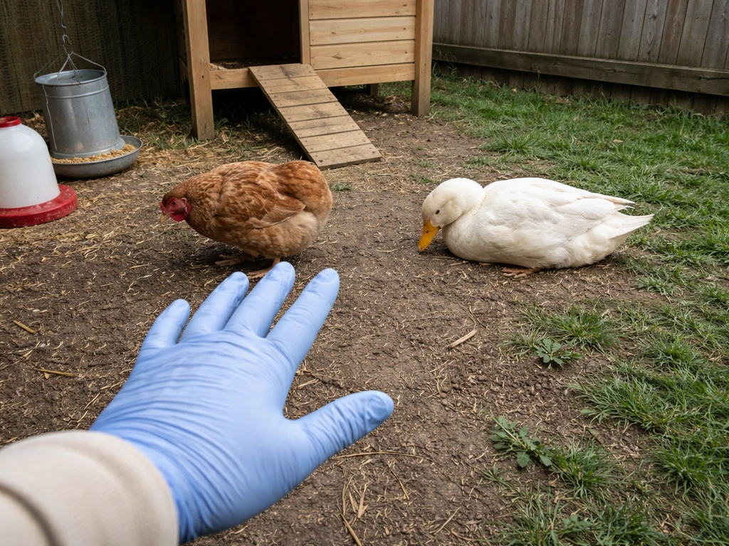 Gloved hand stops short as a backyard chicken and duck look listless in a simple coop area.