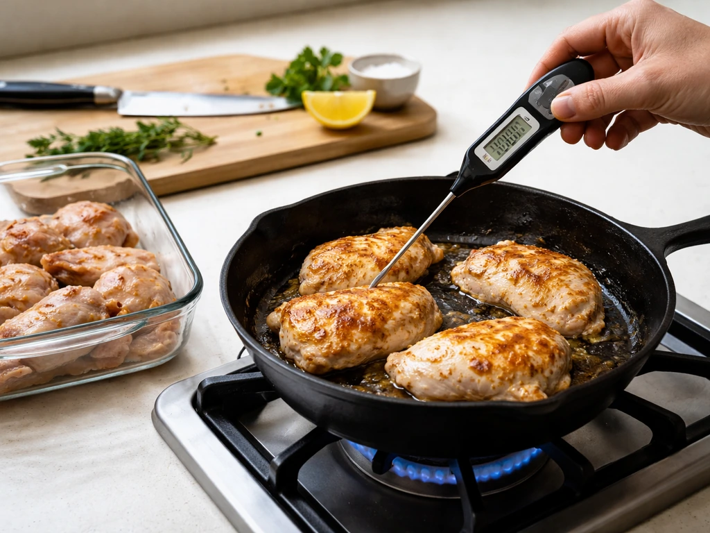 Cooking poultry in a skillet with an instant-read thermometer and separate utensils to prevent cross-contamination.