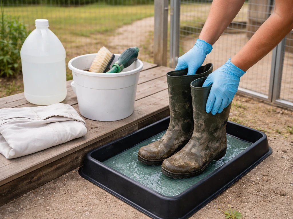 Anonymous backyard poultry setup with disinfecting footbath, dedicated boots/clothes, and cleaning tools.