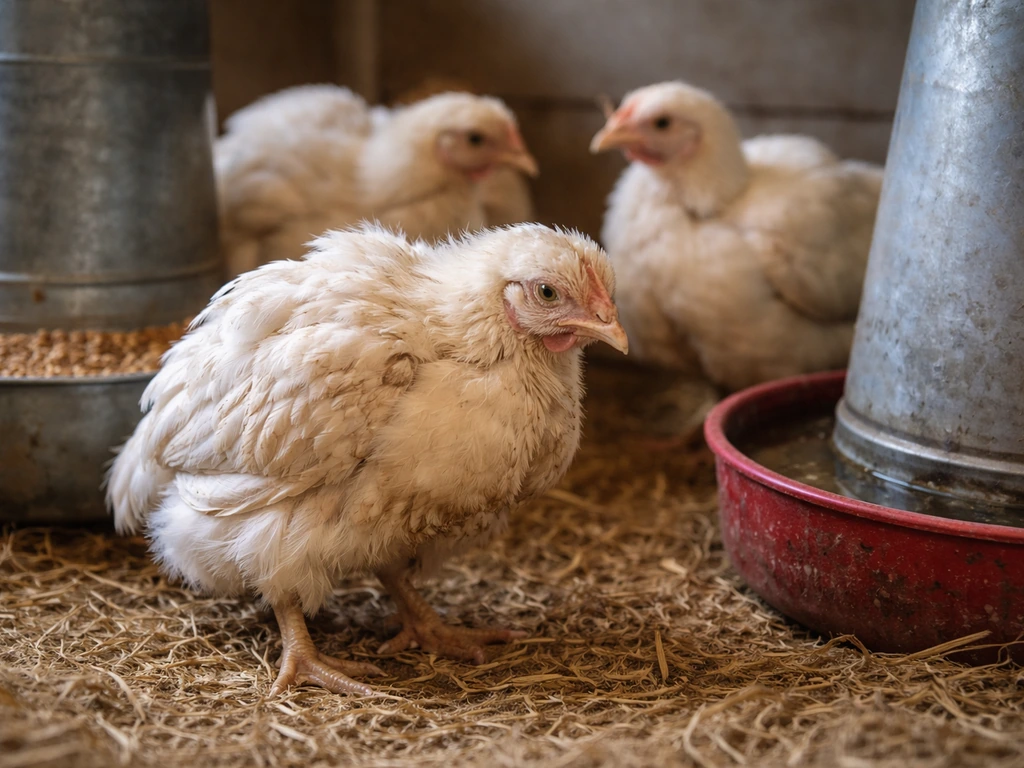 Close-up of sick chickens in a coop with drooping posture and ruffled feathers near a feeder and waterer.