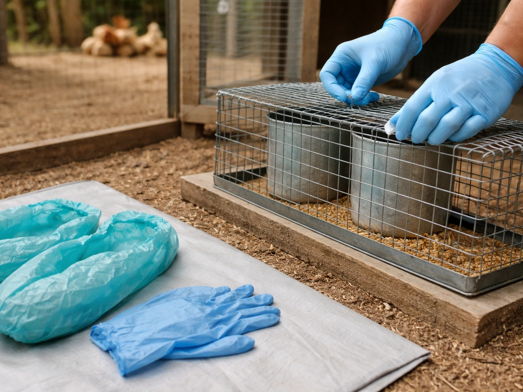 Hands securing a covered backyard bird feeder with boot covers nearby, showing biosecurity steps