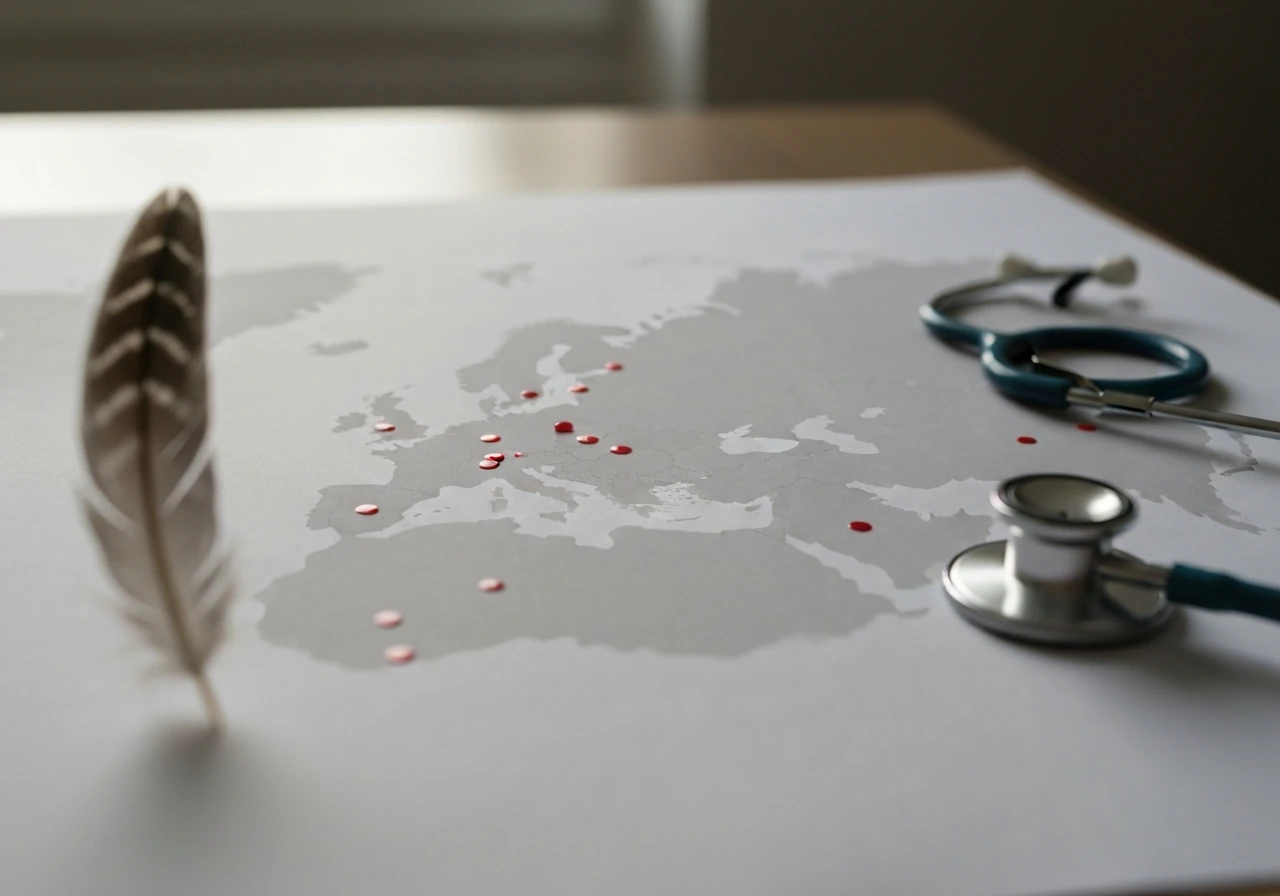 Minimal map-like scene suggesting multiple European countries reporting bird flu outbreaks