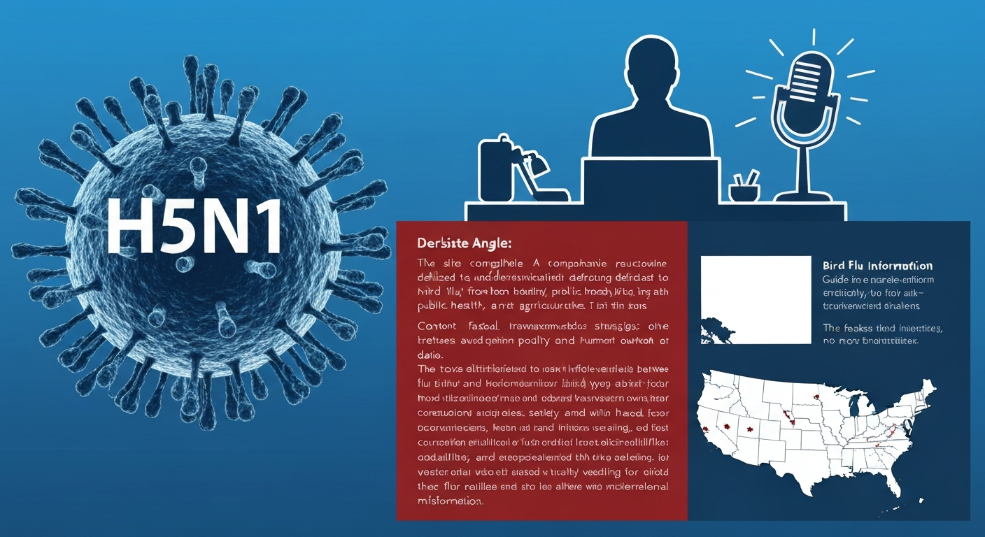 Graphic montage showing a stylized H5N1 virus particle, a U.S. map with affected states highlighted, and a generic news desk silhouette.