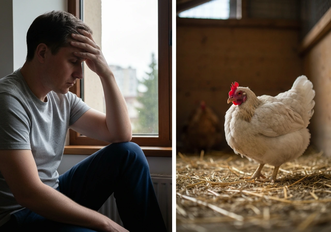 Split view of a feverish person’s symptoms and a sick bird’s warning signs side-by-side, no text.