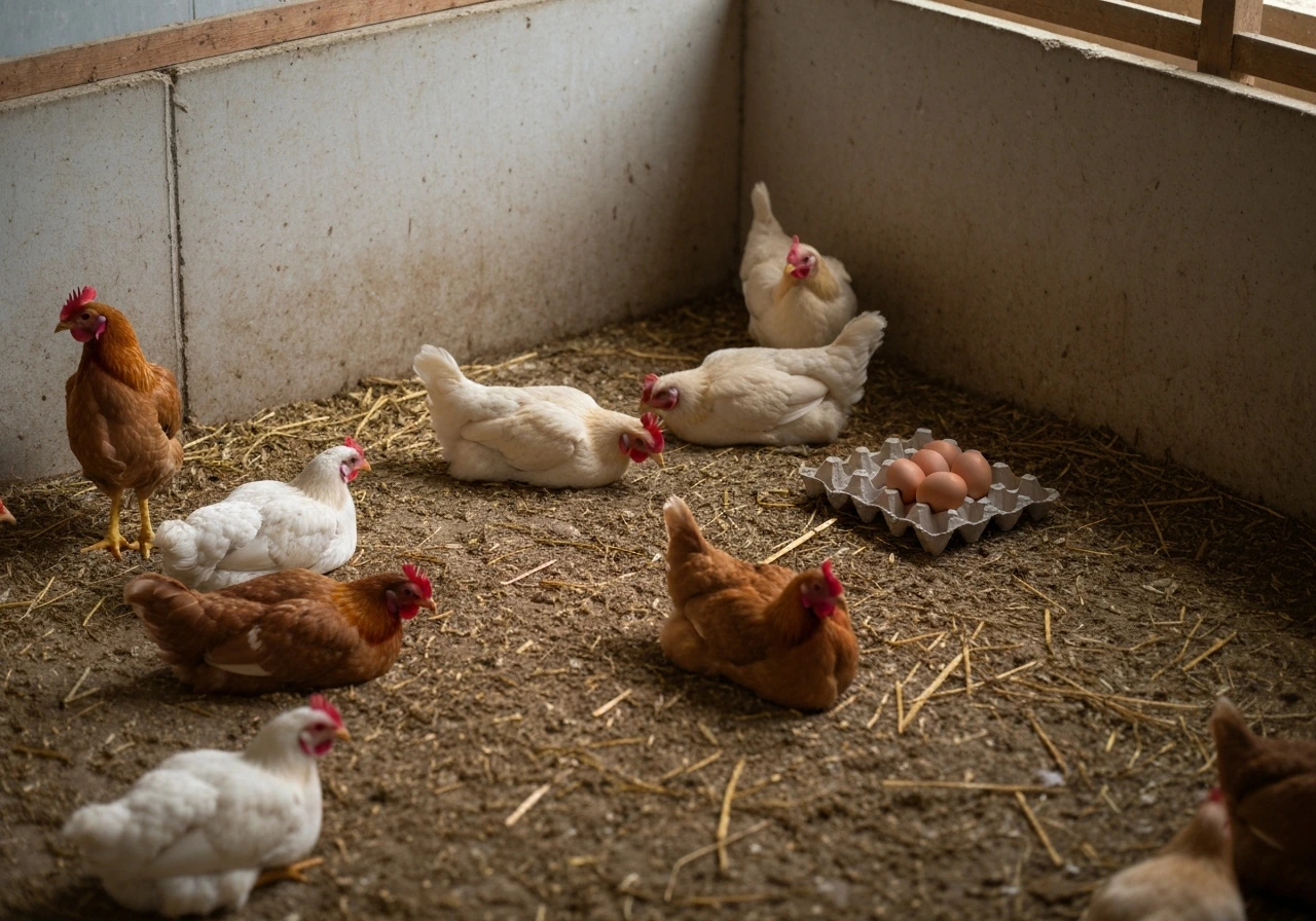 Listless chickens in a simple coop with straw and a few eggs, suggesting illness in poultry.