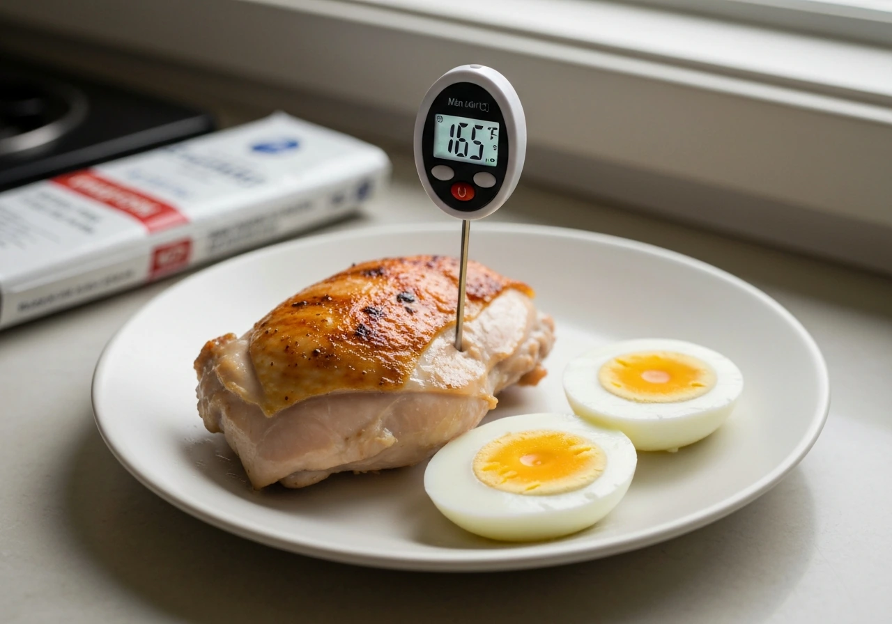 Close-up of cooked chicken and eggs with a thermometer reading 165°F (74°C).