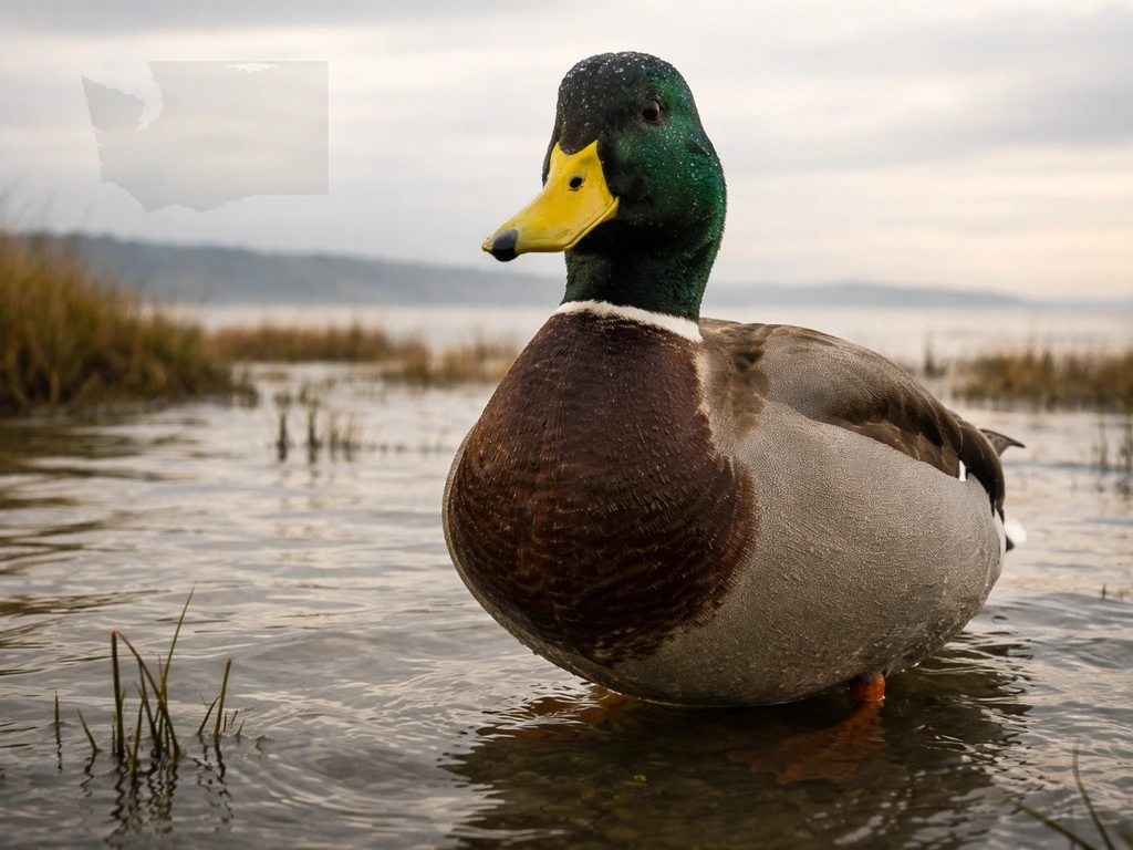 Close-up of a migratory waterfowl in a Pacific Northwest marsh with a faint Washington silhouette behind.