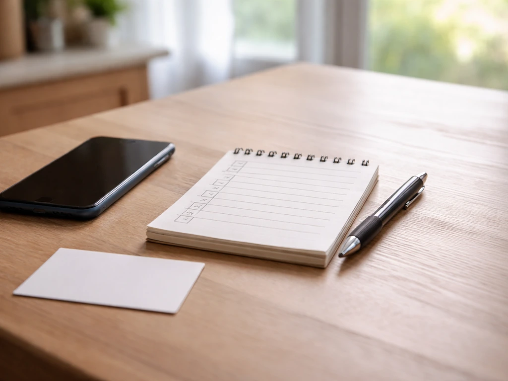 Minimal desk scene showing a phone and a checklist for contacting a healthcare provider after possible bird or livestock
