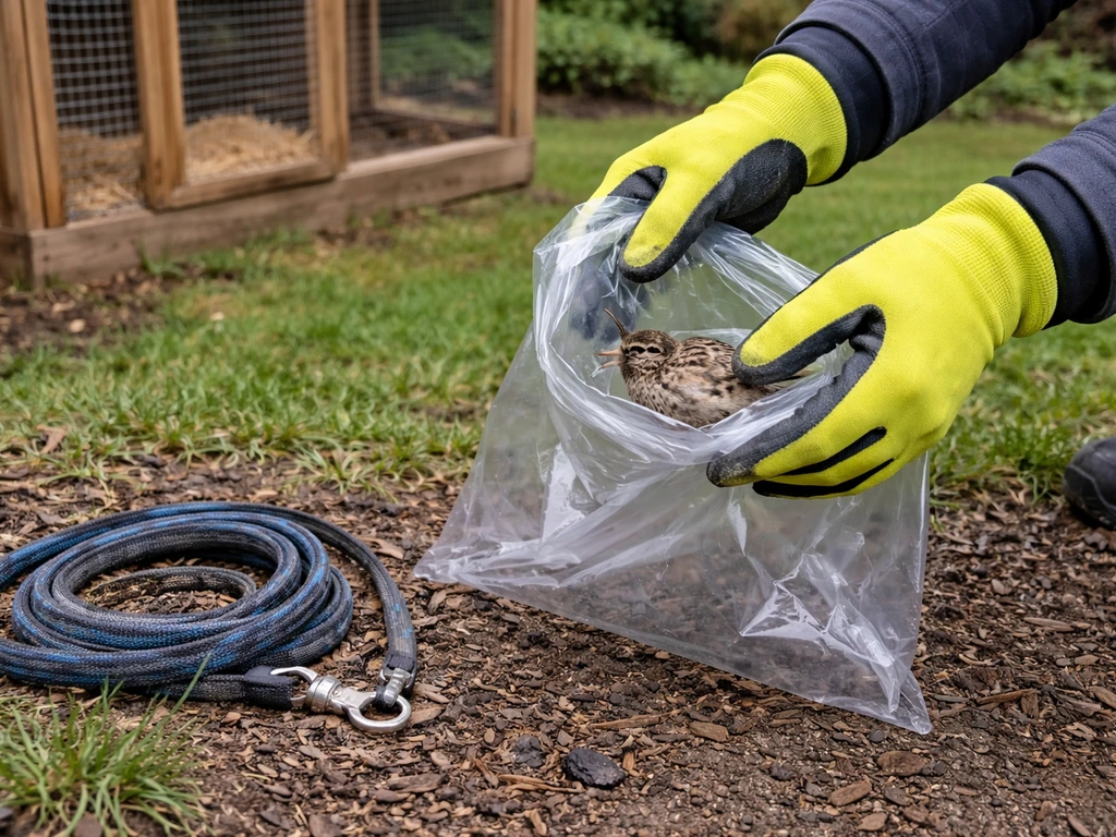 Gloved hands holding a plastic bag near a leash, with a backyard flock pen in soft focus