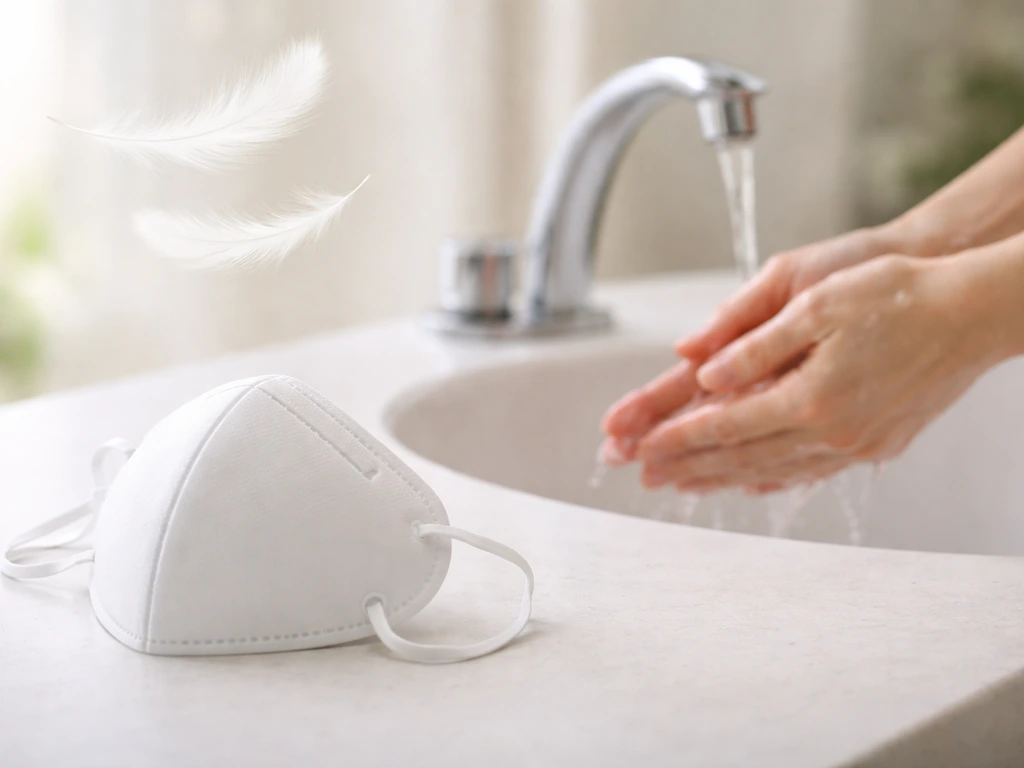 Close-up of a respirator mask and clean hands near a softly blurred bird-feather motif symbolizing airborne transmission