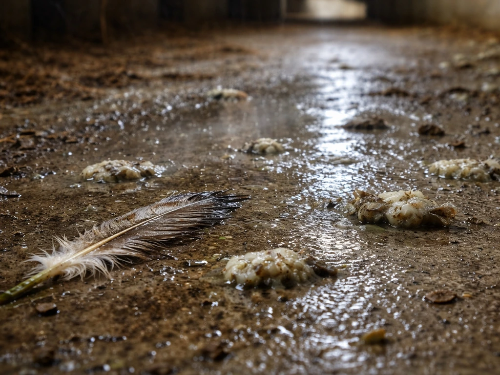 Close-up of damp feather and droppings on a barn floor to illustrate surface-based virus spread.