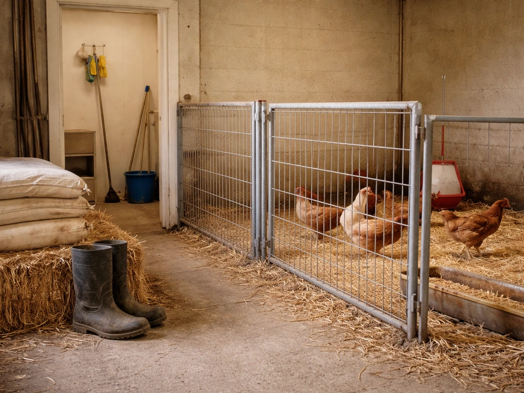 Minimal poultry barn interior showing a partitioned pen, farm tools, and a nearby home-like storage area.
