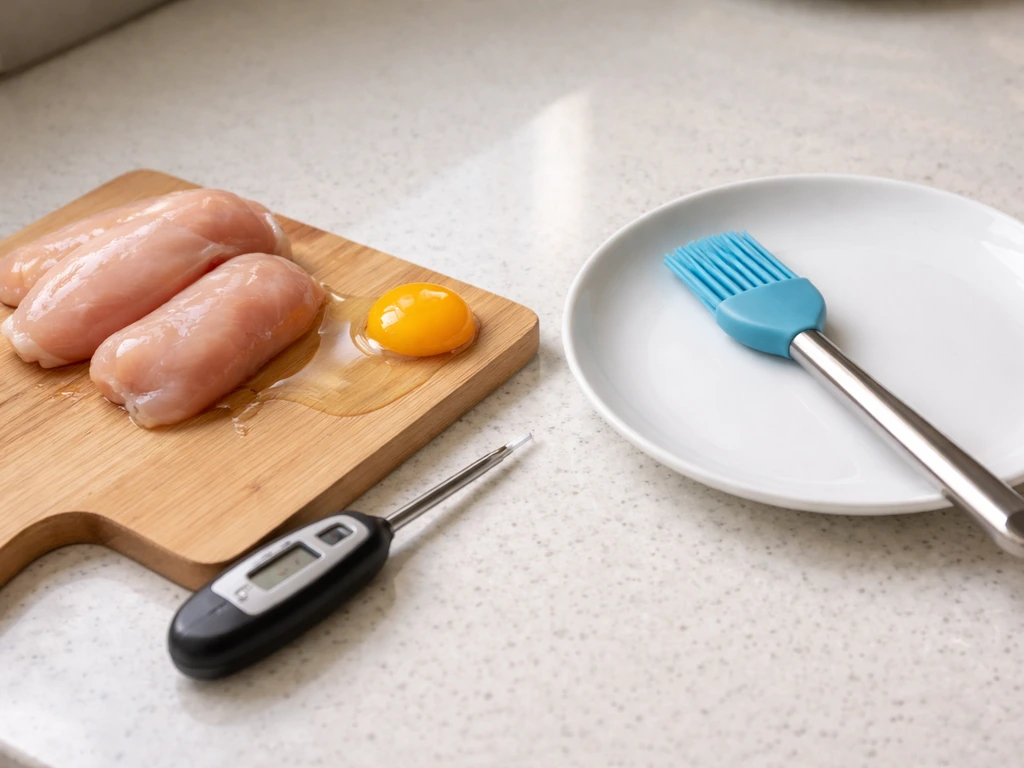 Separated raw poultry and egg on a cutting board with a thermometer cue for safe cooking temperatures.