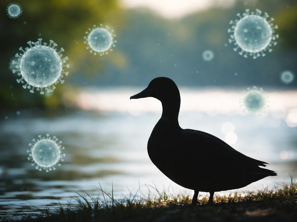 Silhouette of a bird over vivid background with stylized influenza A virus particles floating nearby.