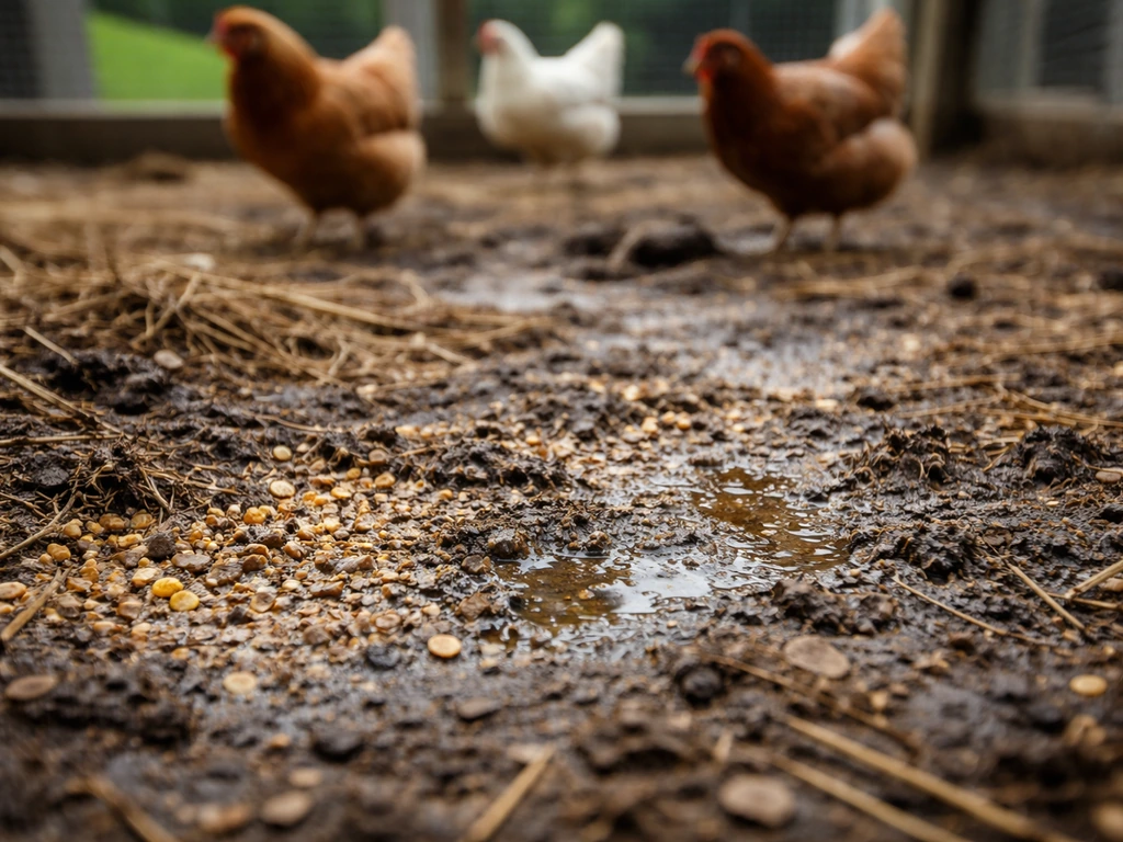 Outdoor poultry pen with chickens near wet, contaminated bedding on the ground.