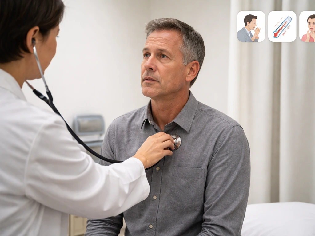 Clinician examining an adult patient’s chest with a stethoscope, with subtle symptom icons nearby.