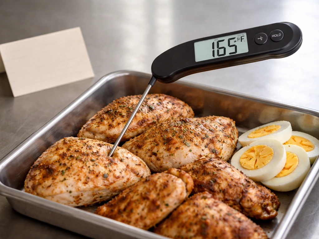 Digital food thermometer showing 165°F beside neatly arranged cooked poultry on a tray.