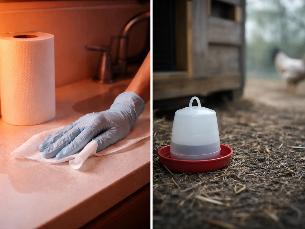 Split image: gloved hands wiping a sink for norovirus hygiene vs a quiet poultry coop area for bird flu.