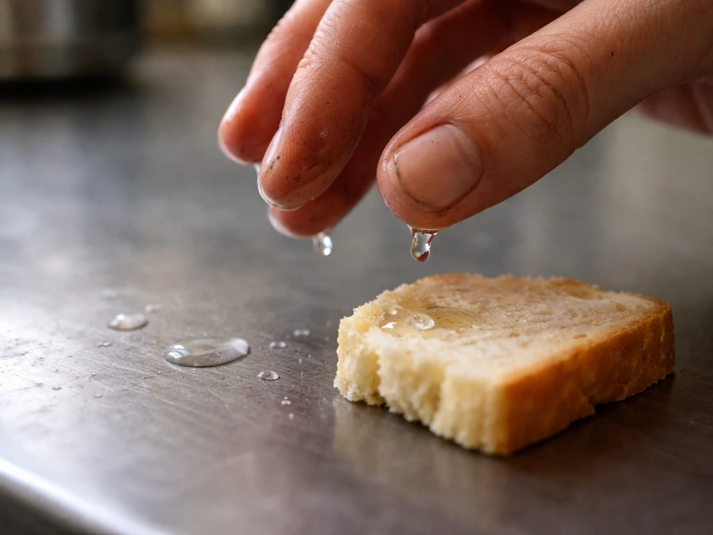 Dirty fingertips transfer tiny droplets onto food on a kitchen counter, suggesting contamination spread.