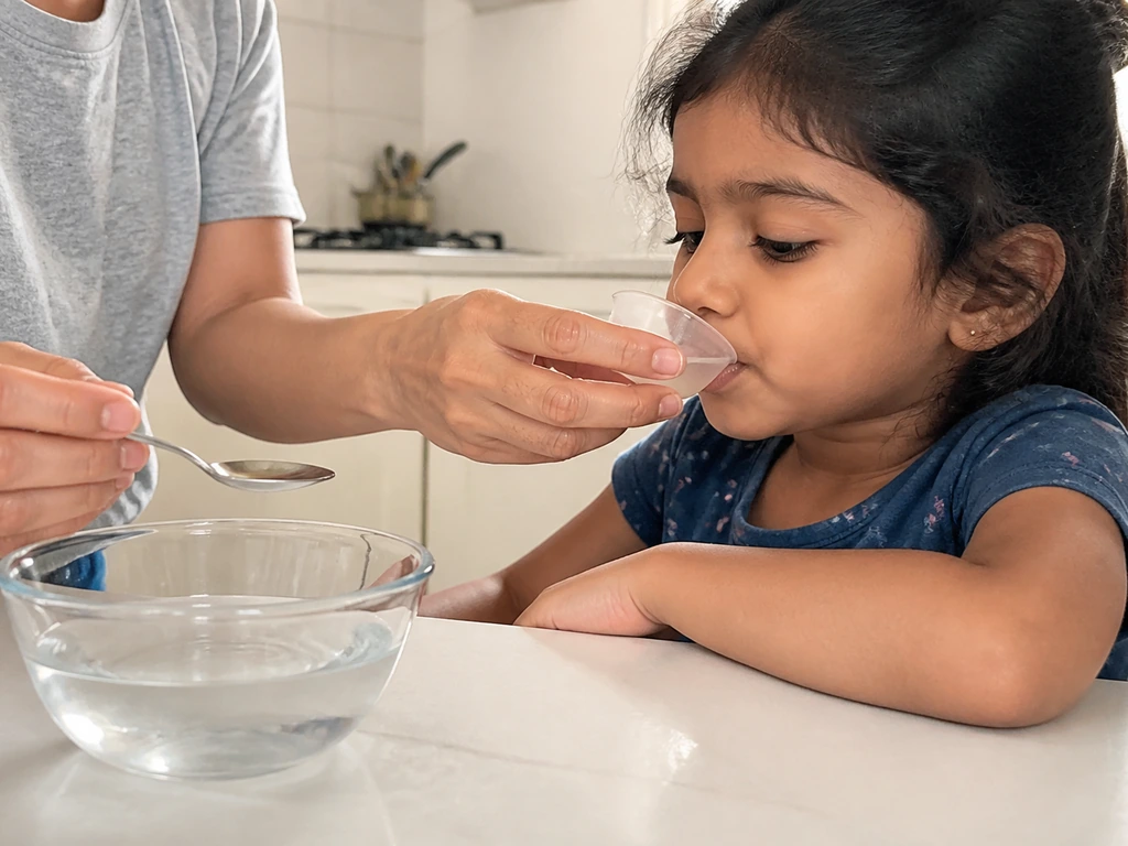 Child sipping oral rehydration solution from a small cup while an adult measures nearby.