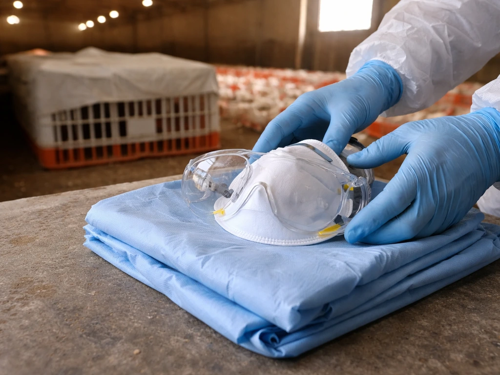 Gloved hands holding PPE and eye protection near a covered poultry area, showing safe bird flu biosecurity.