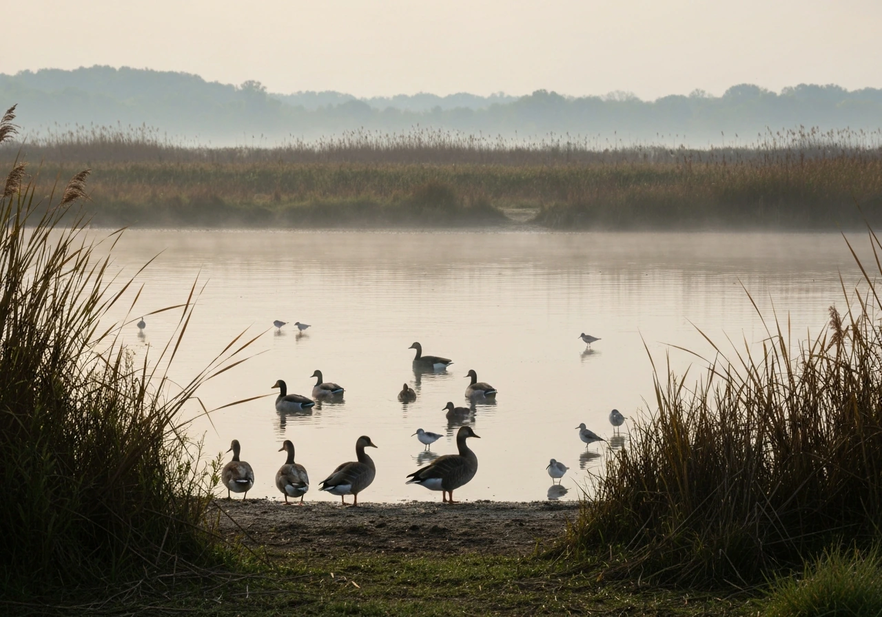 Wild ducks, geese, and shorebirds near shallow wetland water at dawn in Tennessee