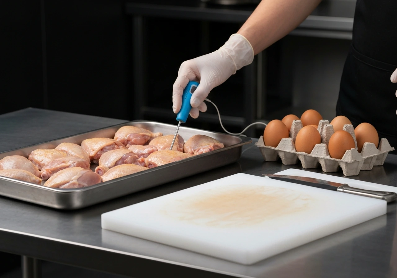 Gloved hands check poultry doneness with a thermometer on a clean, sanitized prep surface.