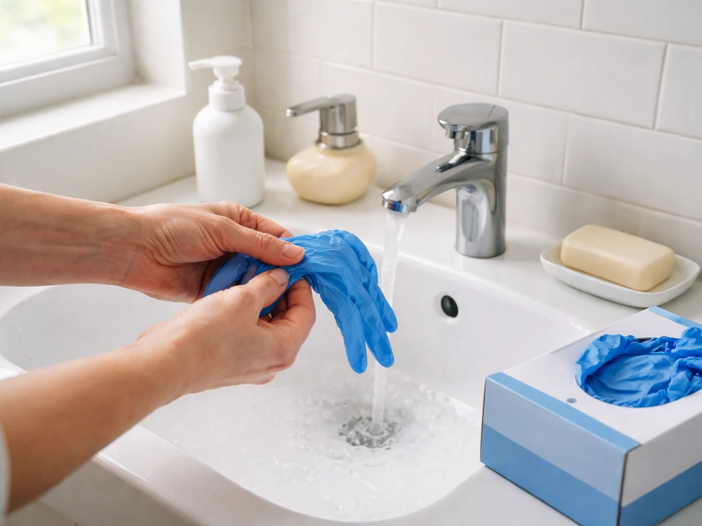 Hands removing disposable gloves beside a clean sink with soap and a spare glove box.