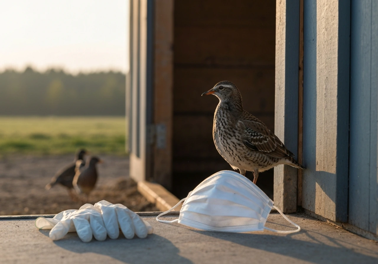 Close-up of a wild bird near a quiet poultry shed doorway with protective lab gear nearby