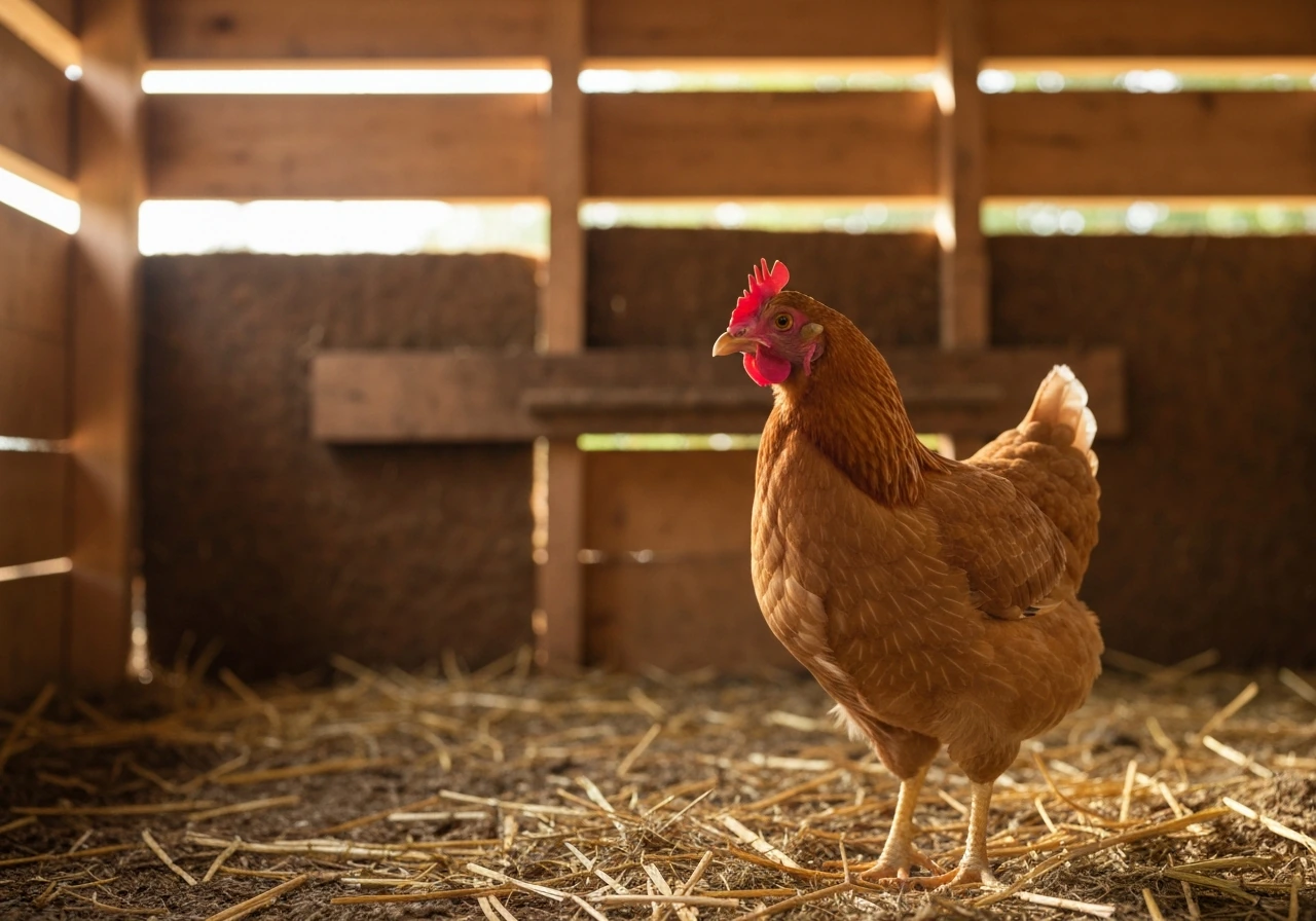 Close-up of a chicken in a quiet coop, symbolizing bird influenza and avian hosts.