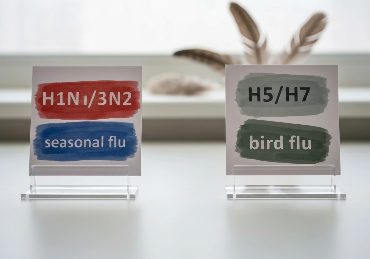 Two acrylic stand cards on a desk showing a minimal visual comparison of seasonal vs bird flu themes.